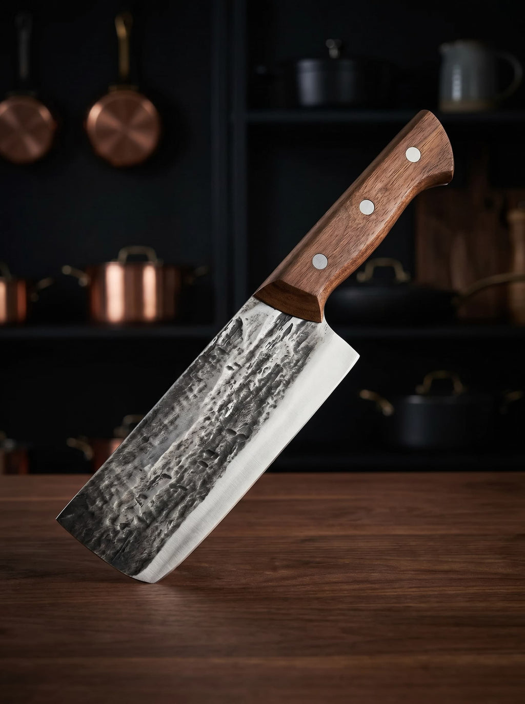 Hand-Forged Chinese Chef Knife – 7-Inch 5Cr15 High Carbon Steel Cleaver, Hammered Non-Stick Blade, Carbonized Beech Wood Handle, 11.4-inch Overall Length, Professional Kitchen Slicing Knife