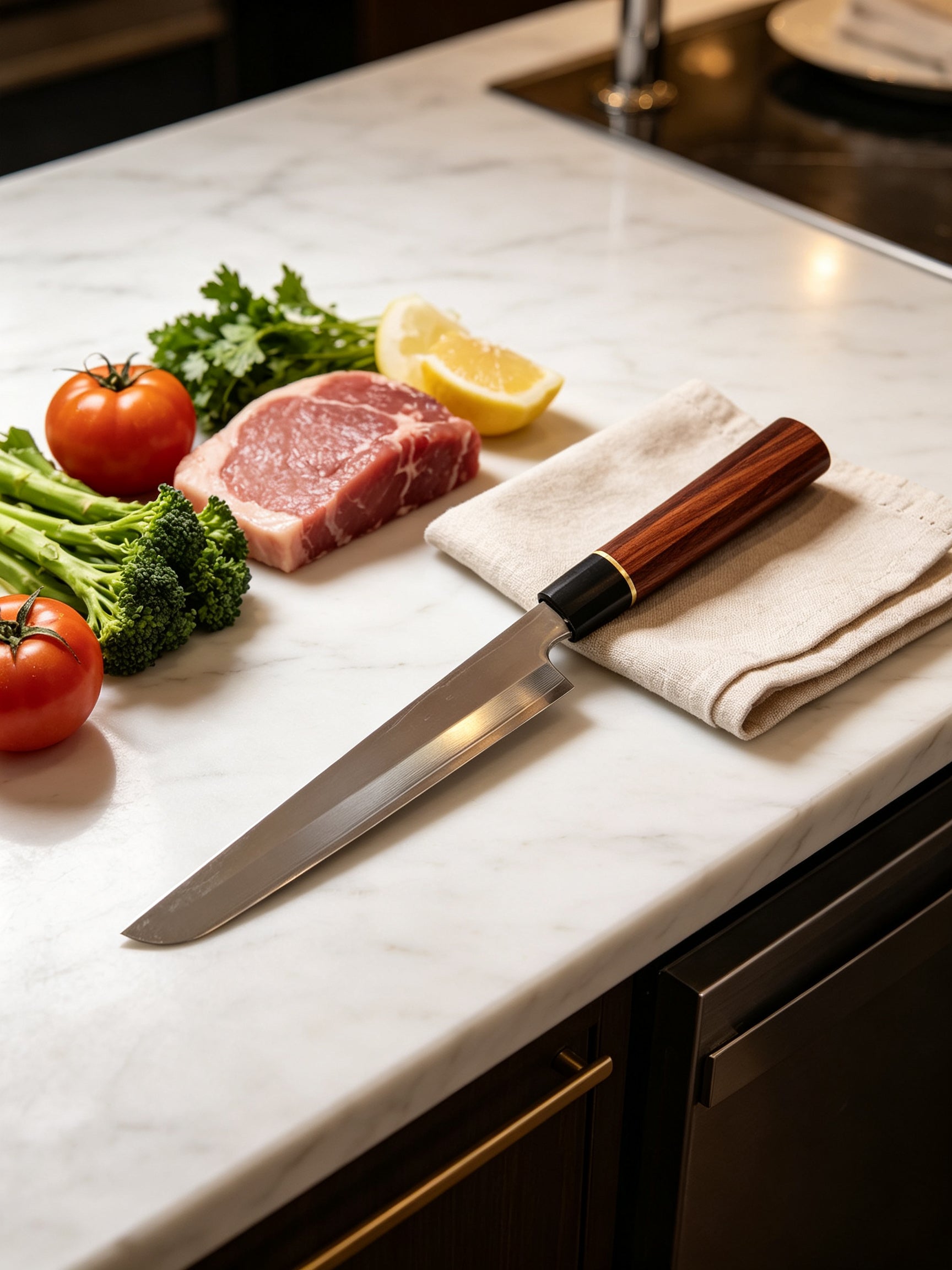 9 Inch Japanese Yanagiba Sashimi Knife, High Carbon Steel Single Bevel Blade, Rosewood Handle with Black Ebony Ferrule & Gold Accent, Professional Sushi Slicing Kitchen Knife