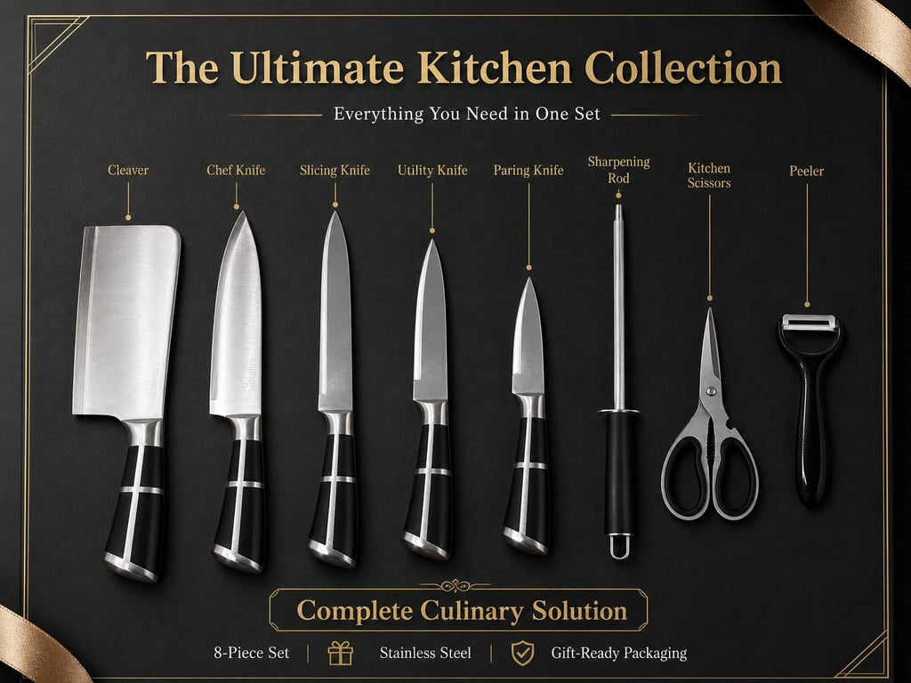 8 Pieces Premium Stainless Steel Kitchen Knife Set | 360° Rotating Acrylic Knife Block Complete Cutlery Collection
