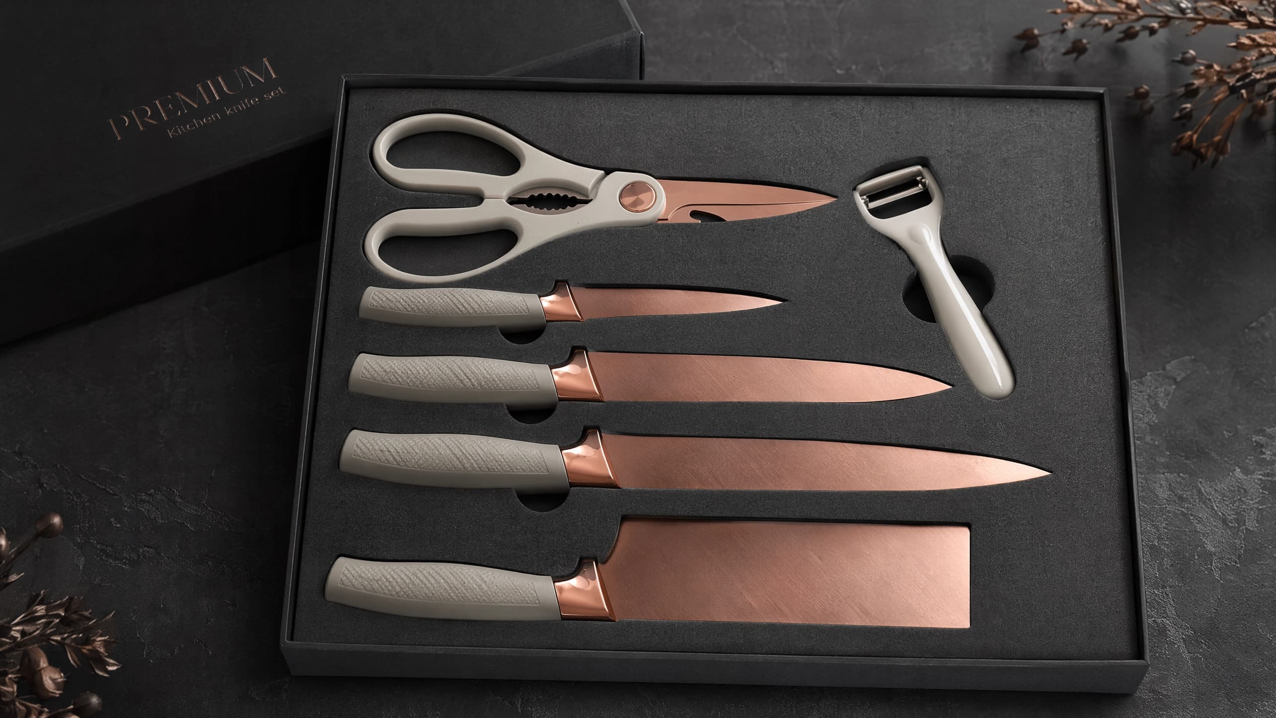 6-Piece Cream Rose Gold Titanium Kitchen Knife Gift Set