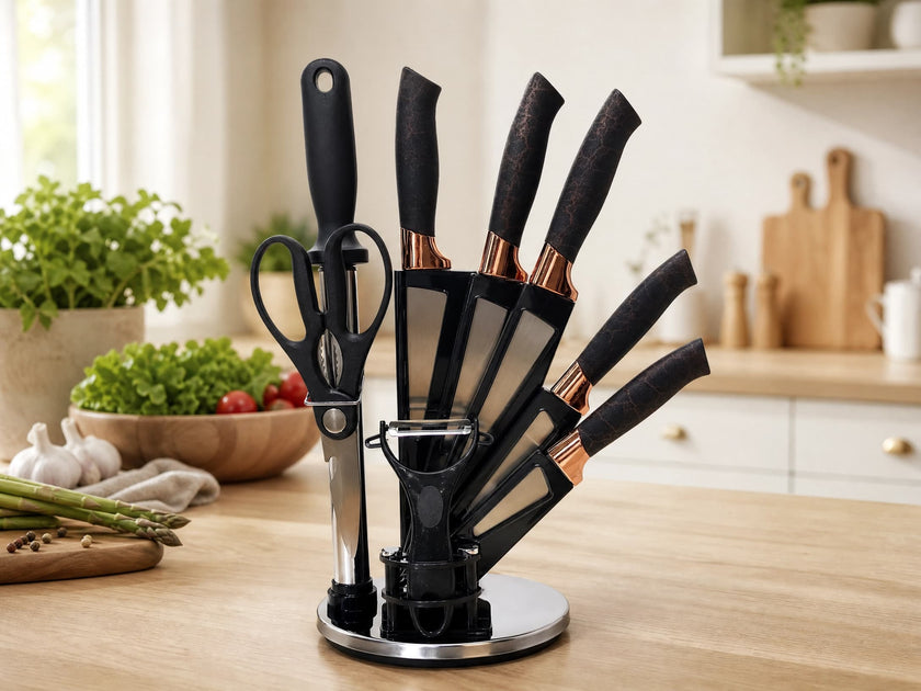 9 Pcs Luxury Black Marble Vein Rose Gold Kitchen Knife Set, Rotating Fan-Shaped Acrylic Knife Holder, Stainless Steel Sharp Cutlery Kit