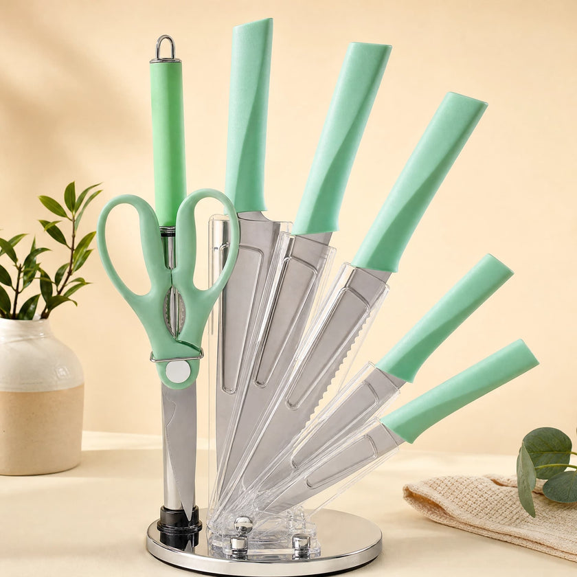 8 Pieces Mint Green Kitchen Knife Set with 360° Rotating Clear Acrylic Knife Block, Stainless Steel Sharp Cutlery Kit