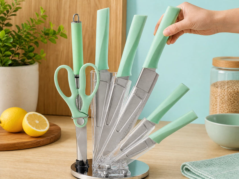 8 Pieces Mint Green Kitchen Knife Set with 360° Rotating Clear Acrylic Knife Block, Stainless Steel Sharp Cutlery Kit