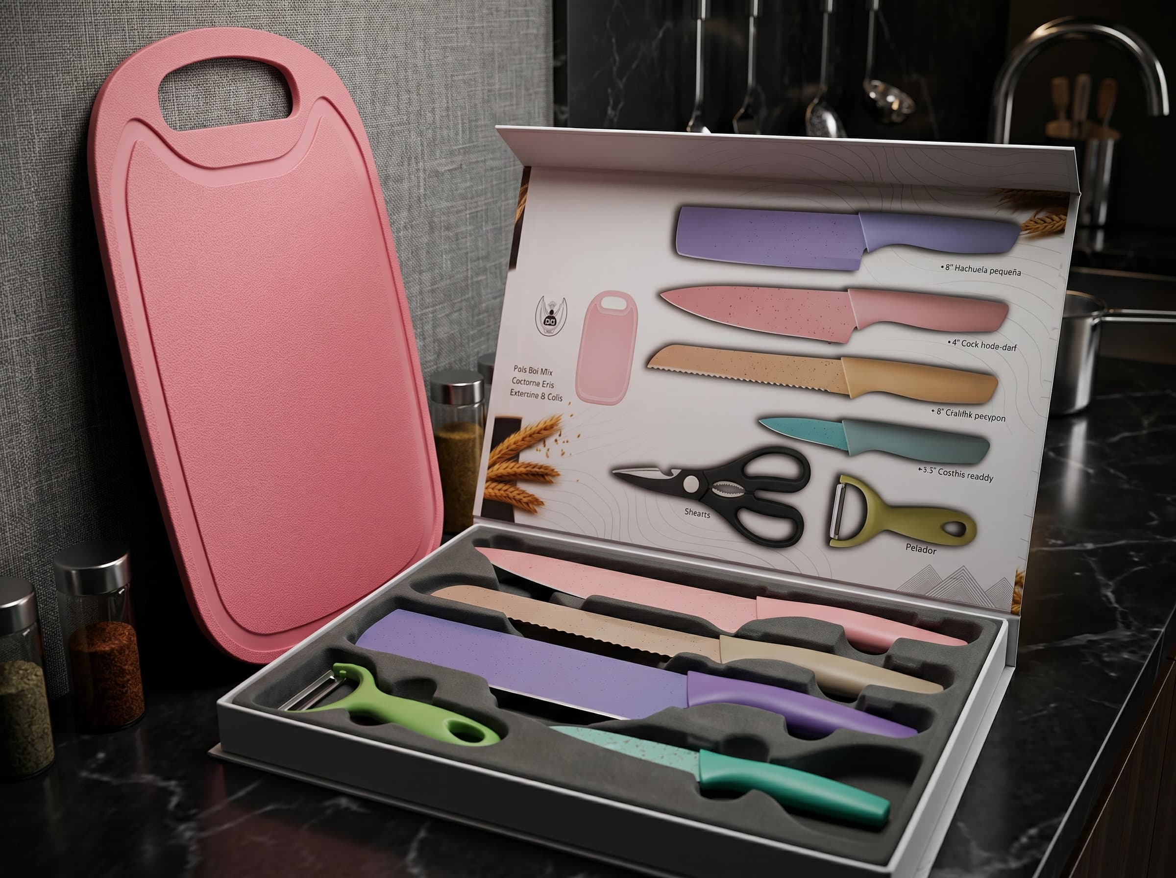 6 Pcs Macaron Pastel Wheat Straw Kitchen Knife Set, Non-Stick Colorful Stainless Steel Blades