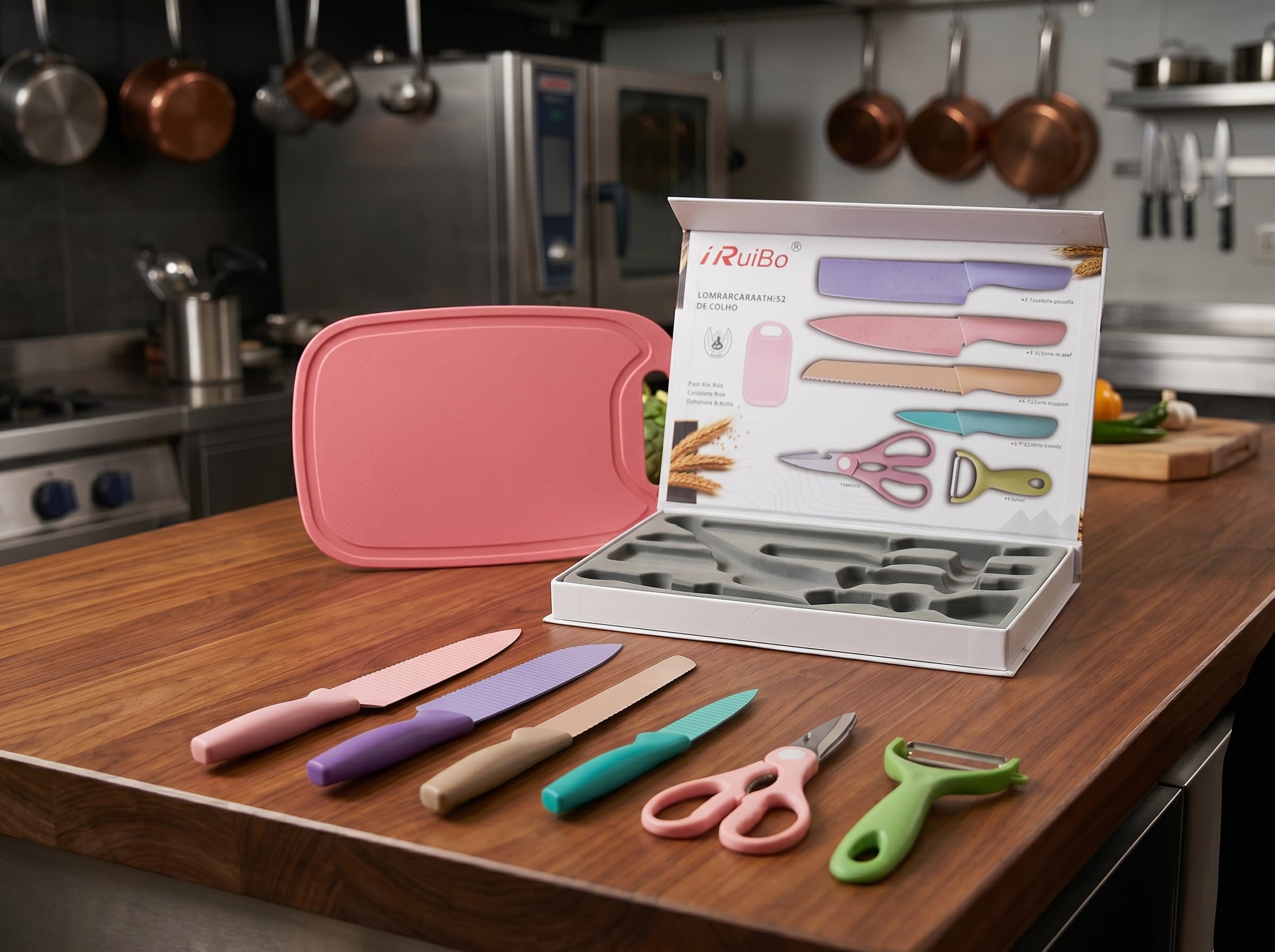 6 Pcs Macaron Pastel Wheat Straw Kitchen Knife Set, Non-Stick Colorful Stainless Steel Blades