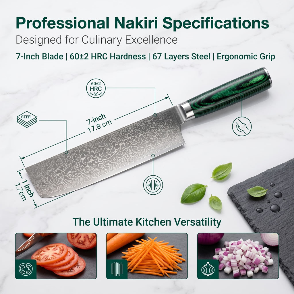 7 Inch Nakiri Knife - 67-Layer Damascus Steel Japanese Vegetable Chef Knife, Ultra-Sharp VG10 Core Blade with Ergonomic Deep Green Stabilized Wood Handle, Professional Kitchen Knife for Slicing, Dicing & Chopping Vegetables