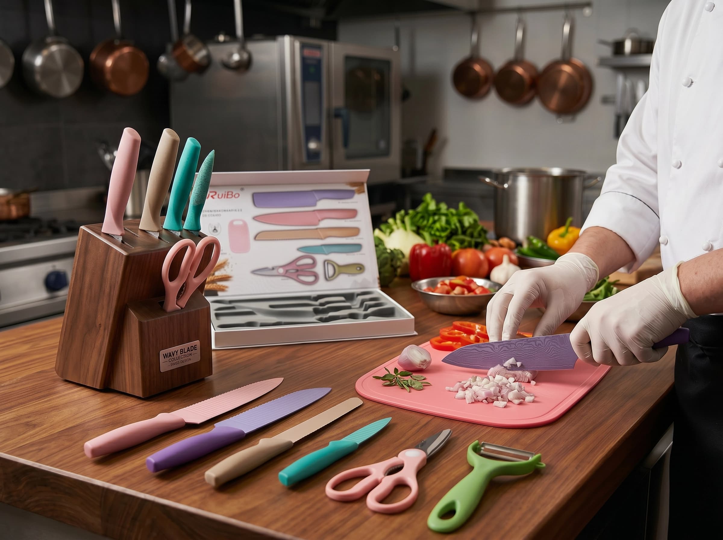 6 Pcs Macaron Pastel Wheat Straw Kitchen Knife Set, Non-Stick Colorful Stainless Steel Blades
