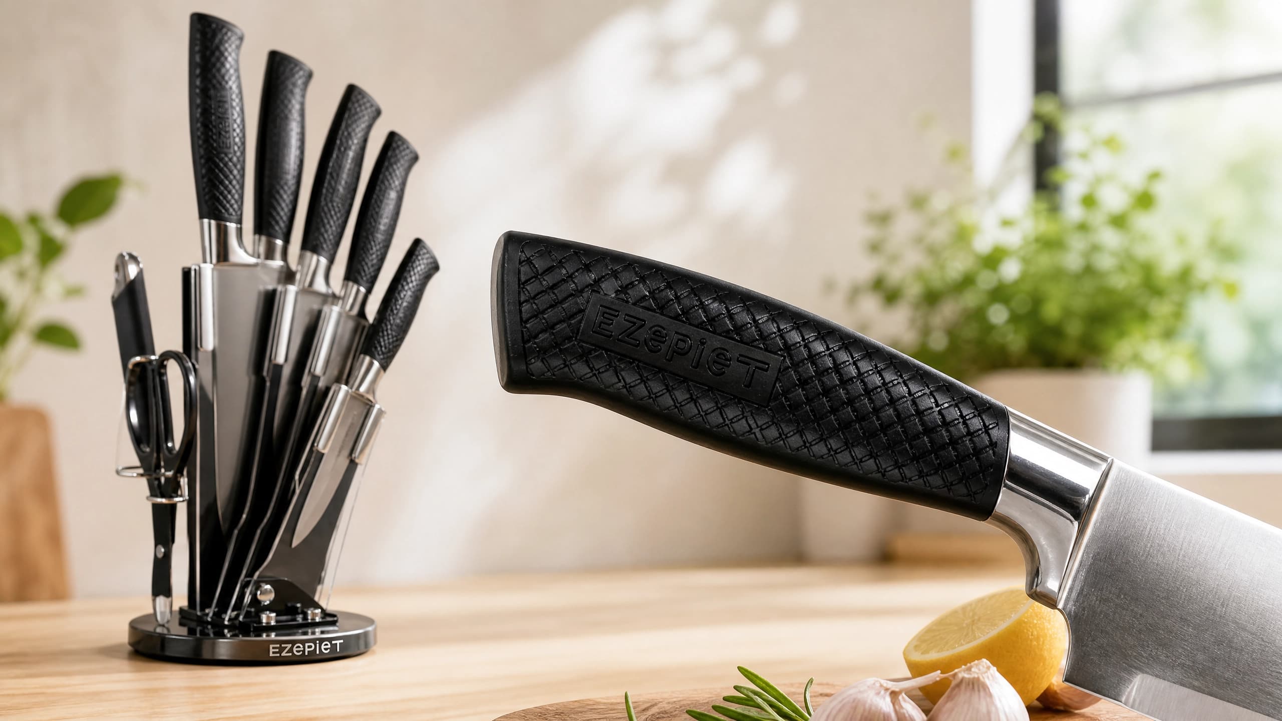9 Pieces Sharp Stainless Steel Kitchen Knife Set with Space-Saving Rotating Knife Block