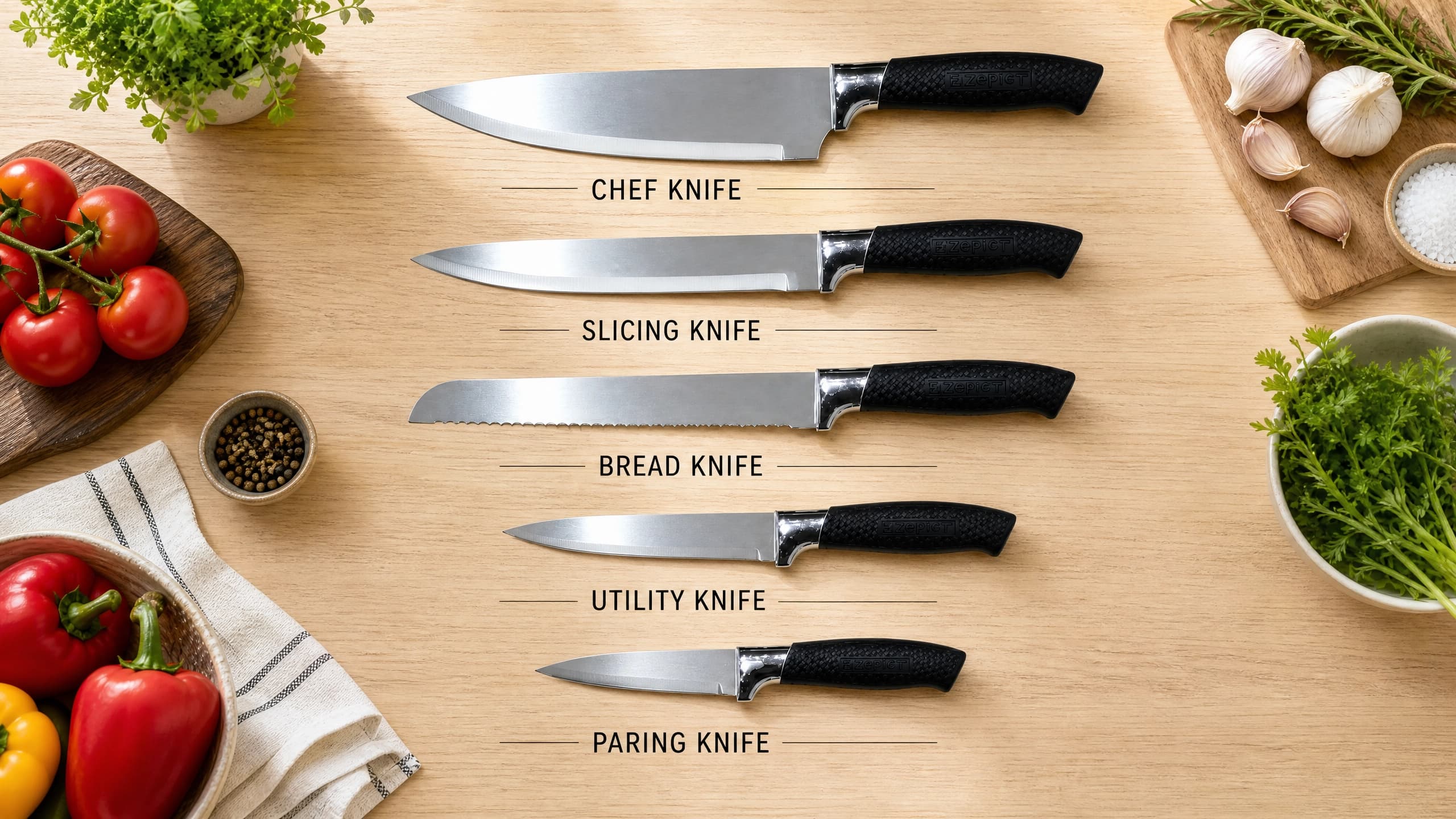 9 Pieces Sharp Stainless Steel Kitchen Knife Set with Space-Saving Rotating Knife Block