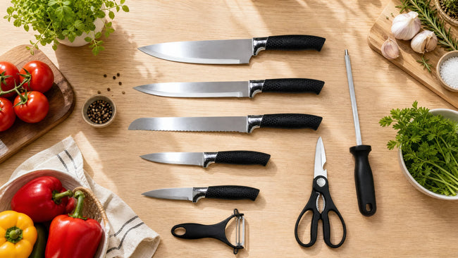 9 Pieces Sharp Stainless Steel Kitchen Knife Set with Space-Saving Rotating Knife Block