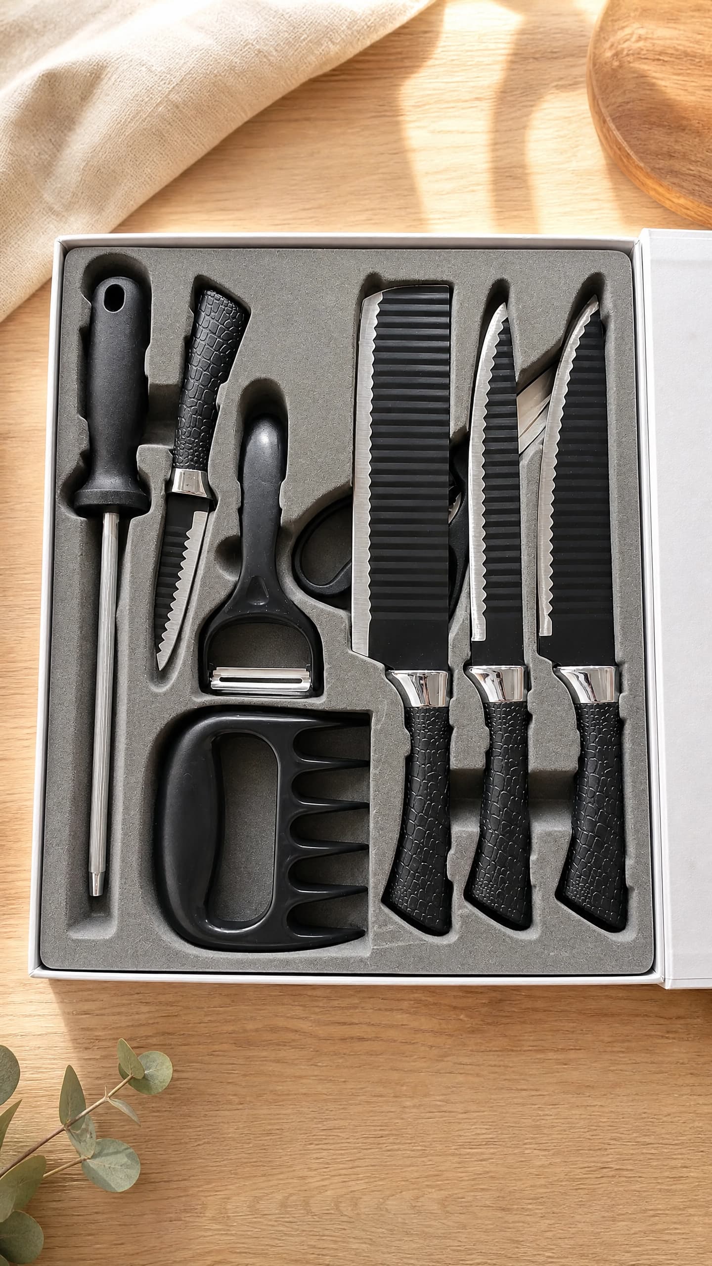 8 Pcs Professional Non-Stick Kitchen Knife Set, Wave Pattern Stainless Steel Blades, Crocodile Texture Anti-Slip Handles,Premium Gift Box