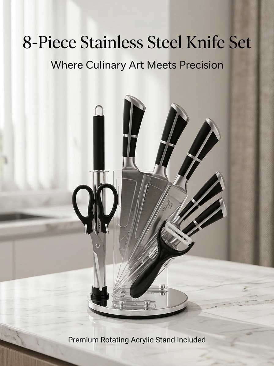 8 Pieces Premium Stainless Steel Kitchen Knife Set | 360° Rotating Acrylic Knife Block Complete Cutlery Collection