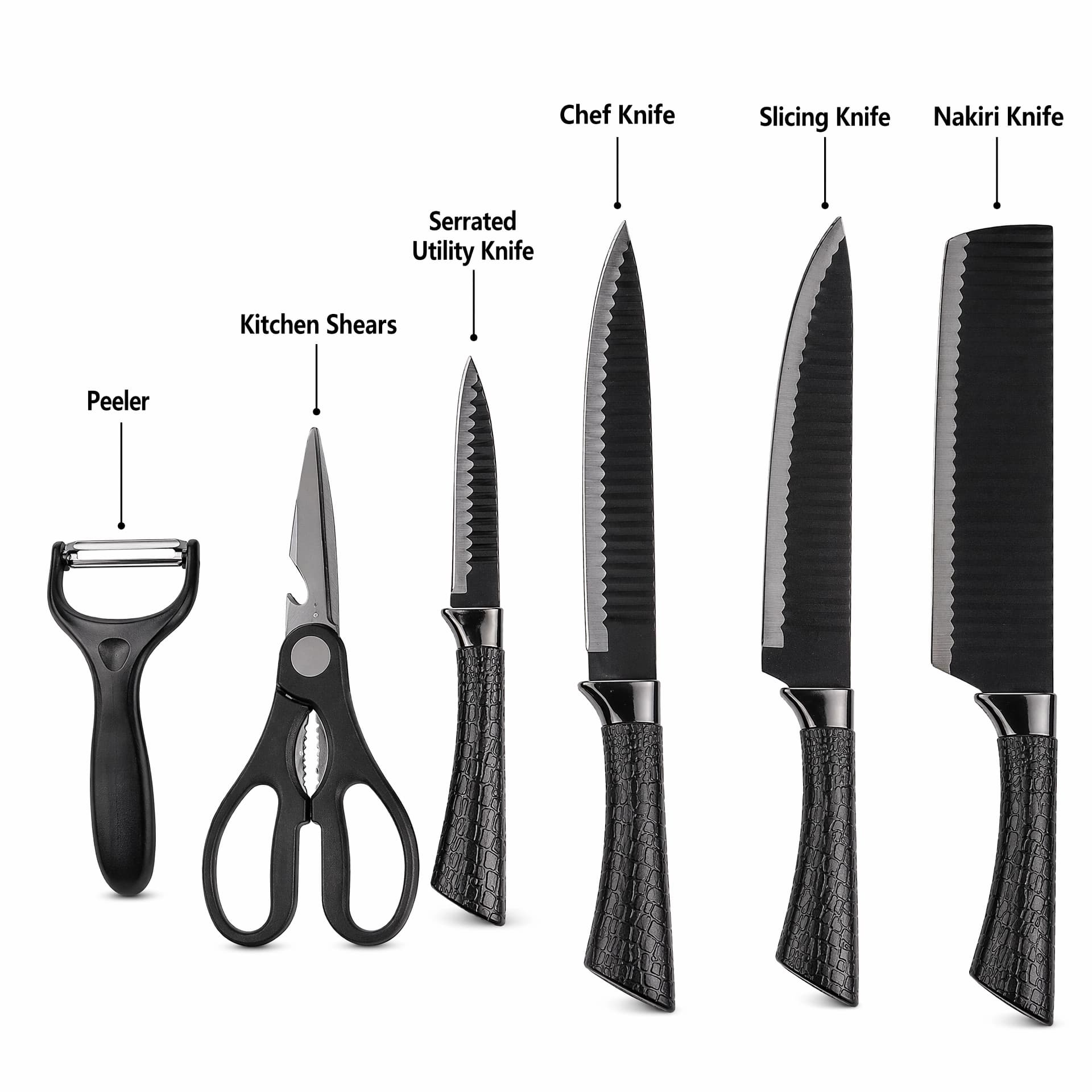 6-Piece Black Wave Non-Stick Kitchen Knife Set with Crocodile Anti-Slip Handles