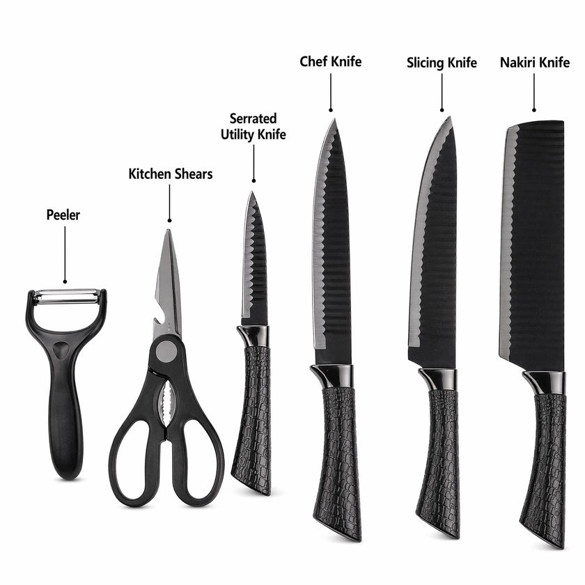 6-Piece Black Wave Non-Stick Kitchen Knife Set with Crocodile Anti-Slip Handles