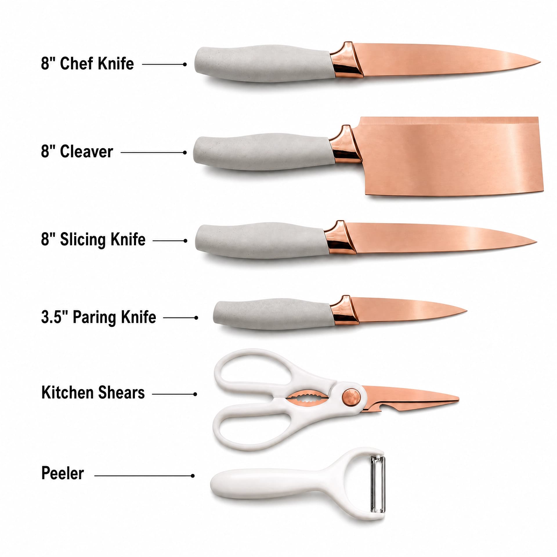 6-Piece Cream Rose Gold Titanium Kitchen Knife Gift Set