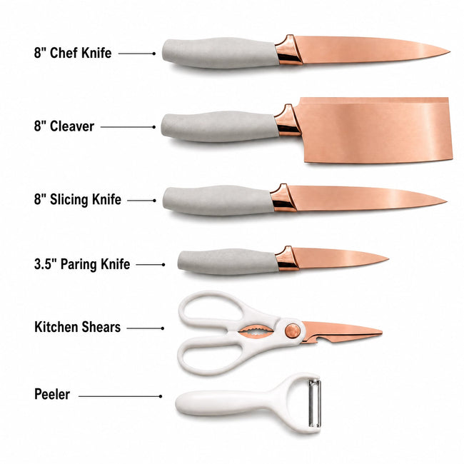 6-Piece Cream Rose Gold Titanium Kitchen Knife Gift Set