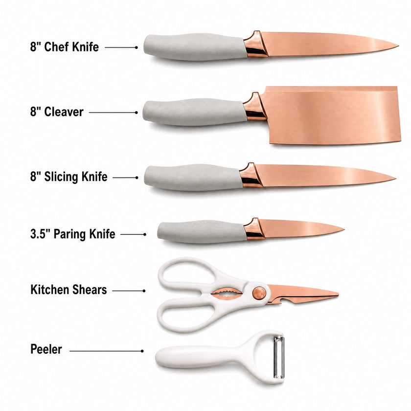 6-Piece Cream Rose Gold Titanium Kitchen Knife Gift Set