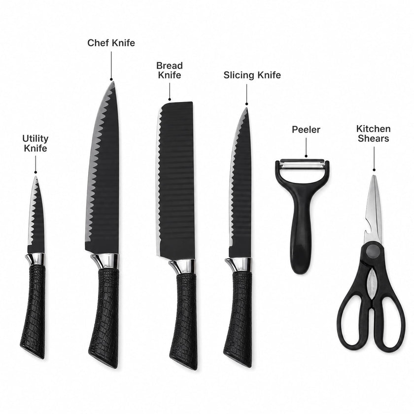 6-Piece Black Wave Non-Stick Kitchen Knife Set, Crocodile Embossed Anti-Slip Handles
